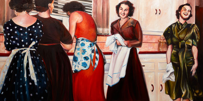 "Another Dish" original oil painting by Francene Christianson family memories 1950's 1960's nostalgia women doing dishes after a family meal