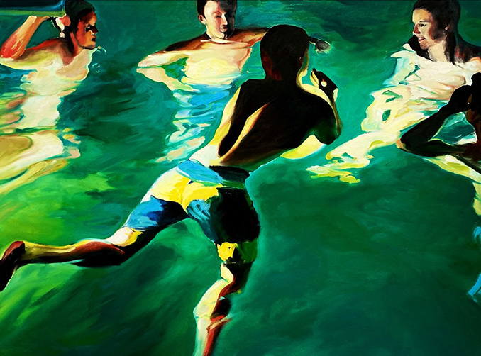 A Floating Conversation in a pool painting by Francene Christianson