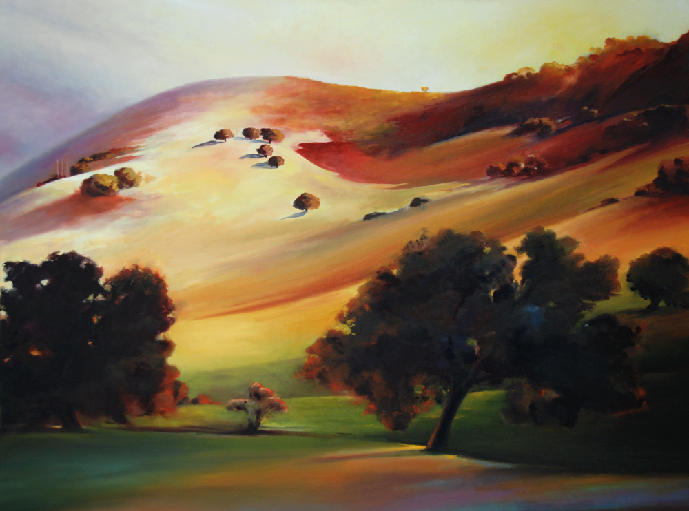 Morning Greets the Hills sunrise Santa Ynez Valley California Central Coast landscape painting of wine country by Francene Christianson