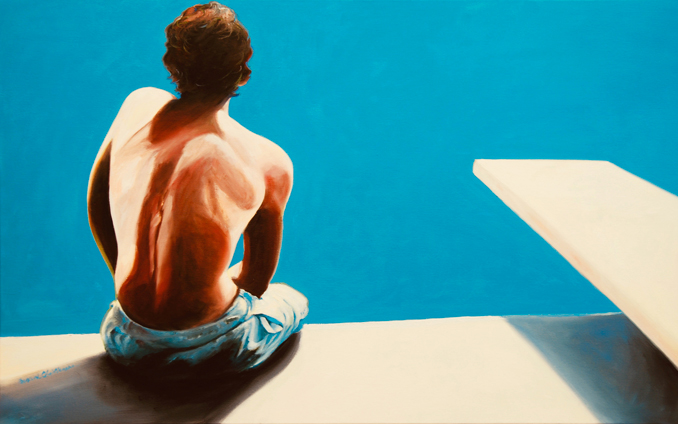 On the Edge original oil painting of a swimmer at a pool by Francene Christianson