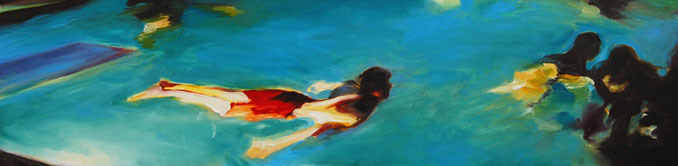 Red Suit oil painting of swimmers in a backyard pool at night by Francene Christianson