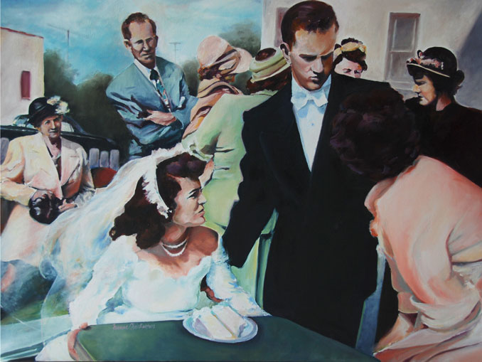 1950's family wedding gathering nostalic oil paintings on canvas by Francene Christianson