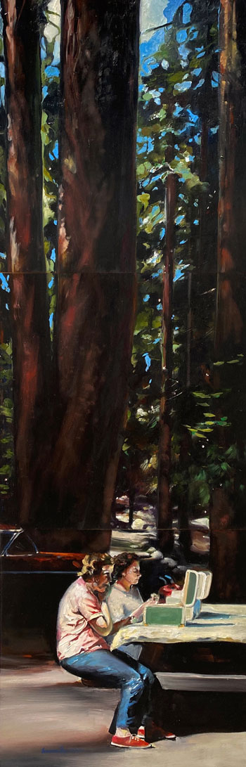Before the Trail in Yosemite mid-century vacation original oil painting by Francene Christianson