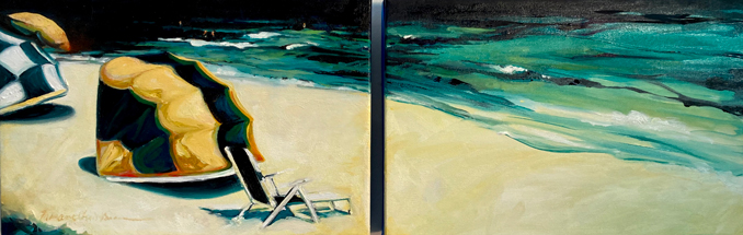 Mid-Century beach scene original oil painting by Francene Christianson
