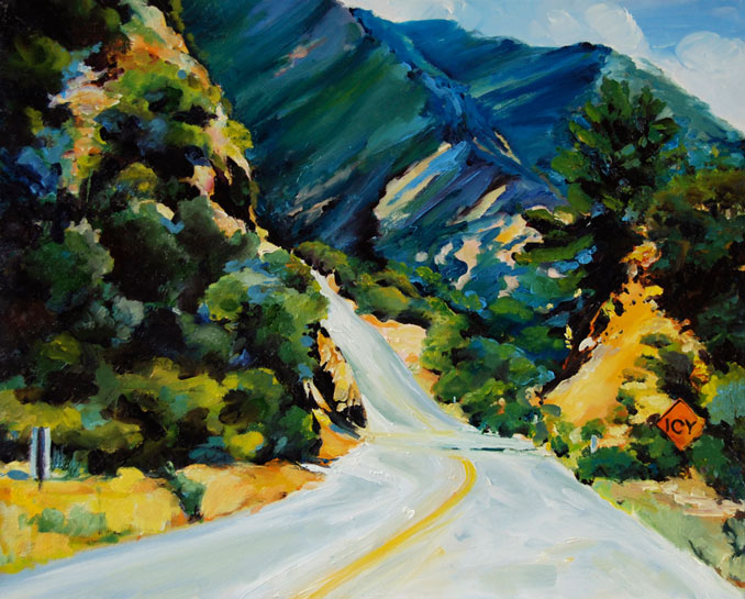 Icy sign in a warm landscape painting of Ojai California Los Padres National Forest San Joaquin Valleyby Francene Christianson