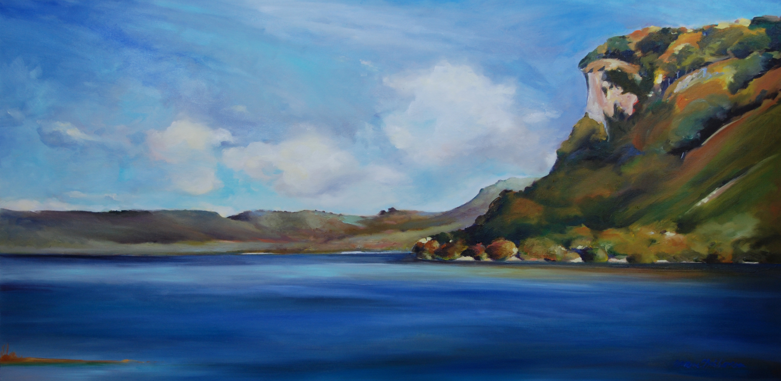 View of Lake Bluffs Maiden Rock Lake Pepin Wisconsin Mississippi River landscape painting painting by Francene Christianson