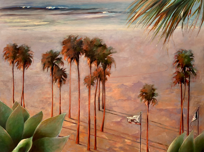 Santa Monica Beach, California, in the mornng with shadows, flags, and palm trees. Original oil painting by Francene Christianson