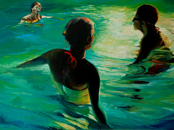 commissioned oil painting original by Francene Christianson daughters in the pool