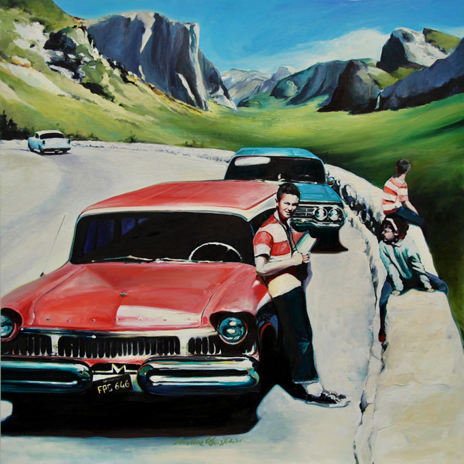 Classic Yosemite mid-century vacation cars original oil painting by Francene Christianson