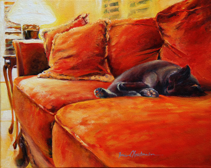 Golden Slumbers sleeping cat painting by Francene Christianson