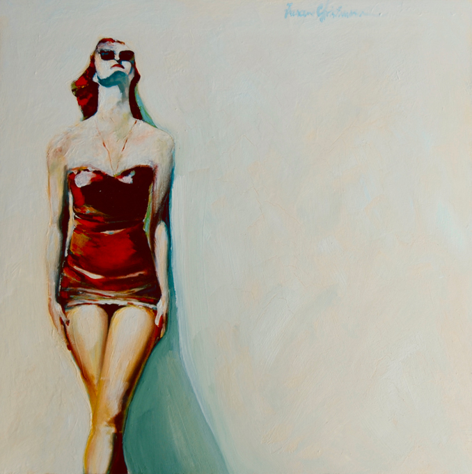The Red Head mid-century modern woman in a red one-piece swim suit original oil painting by Francene Christianson
